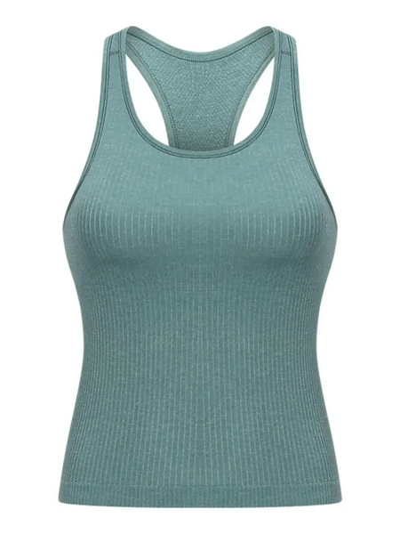 chic racerback yoga tank for women in muted green with ribbed texture and fitted design