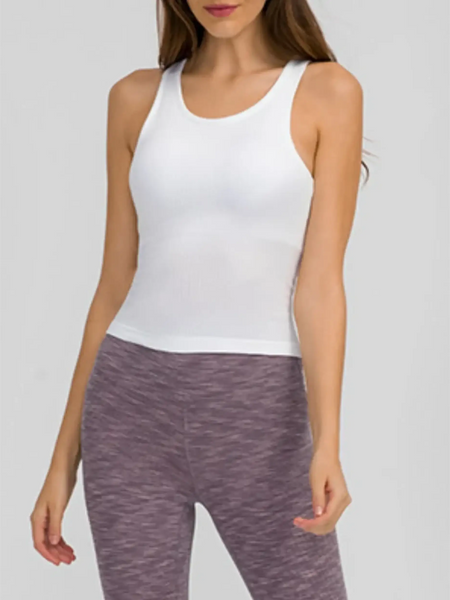 Trendsi chic racerback yoga tank for women in white, styled with purple leggings for active wear