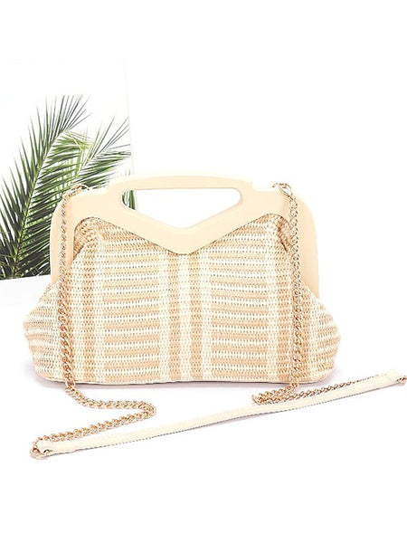 Babe Beachwear chic resort evening handbags in woven beige with gold chain strap