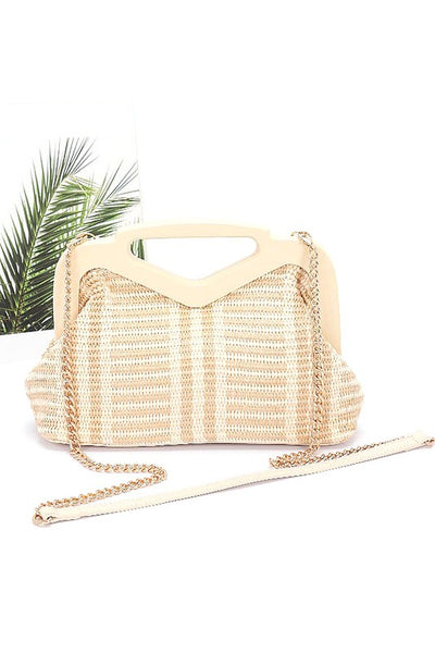 Babe Beachwear chic resort evening handbags in woven beige with gold chain strap