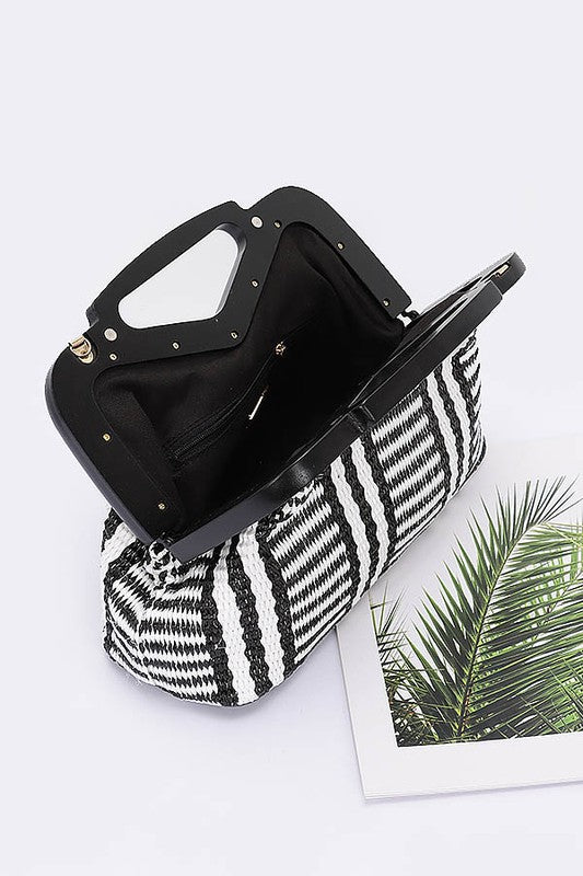 Babe Beachwear black and white woven chic resort evening handbags with structured frame and open top