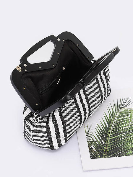 Babe Beachwear black and white woven chic resort evening handbags with structured frame and open top