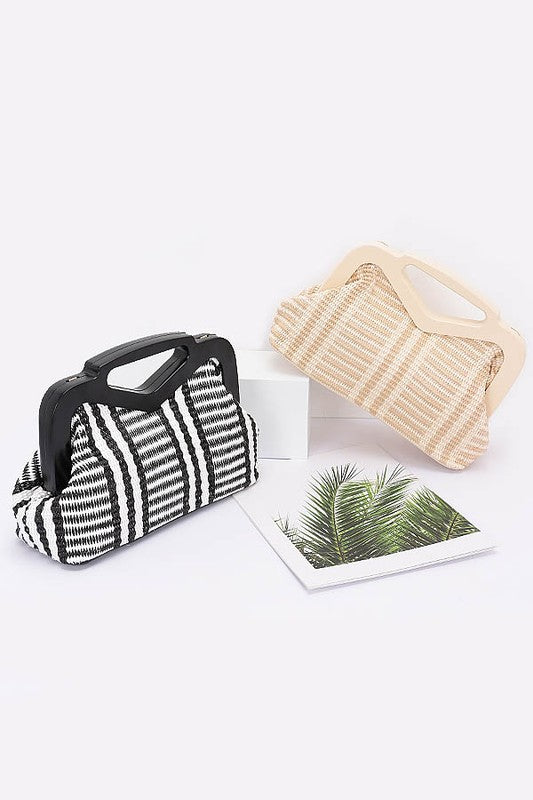 Babe Beachwear chic resort evening handbags in black and beige striped design with unique handles
