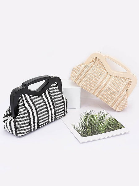 Babe Beachwear chic resort evening handbags in black and beige striped design with unique handles