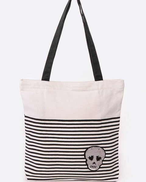 Babe Beachwear chic skull design resort bag with black and white stripes and black handles