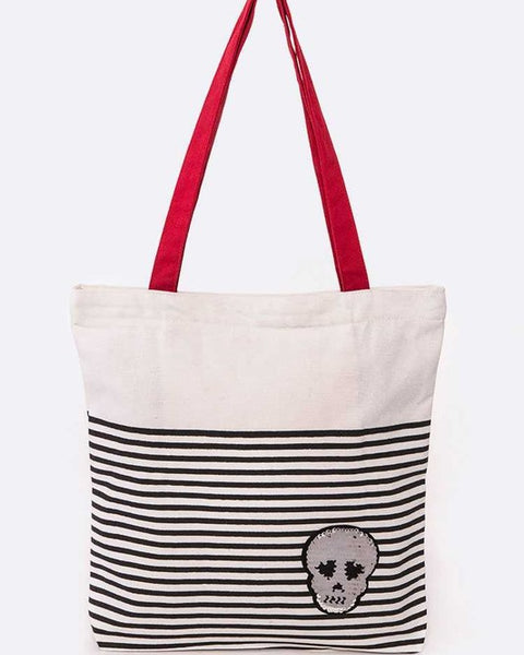 Babe Beachwaer bag with chic skull design resort bag featuring black stripes and red handles