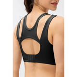 Back view of Babe Beachwear active tank chic summer exercise crop top in black with cutout design