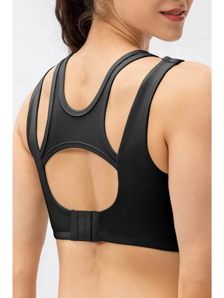 Back view of Babe Beachwear active tank chic summer exercise crop top in black with cutout design