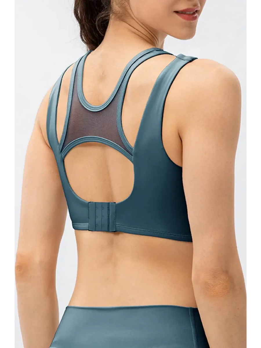 Babe Beachwear active tank chic summer exercise crop top in blue with mesh back and secure clasp