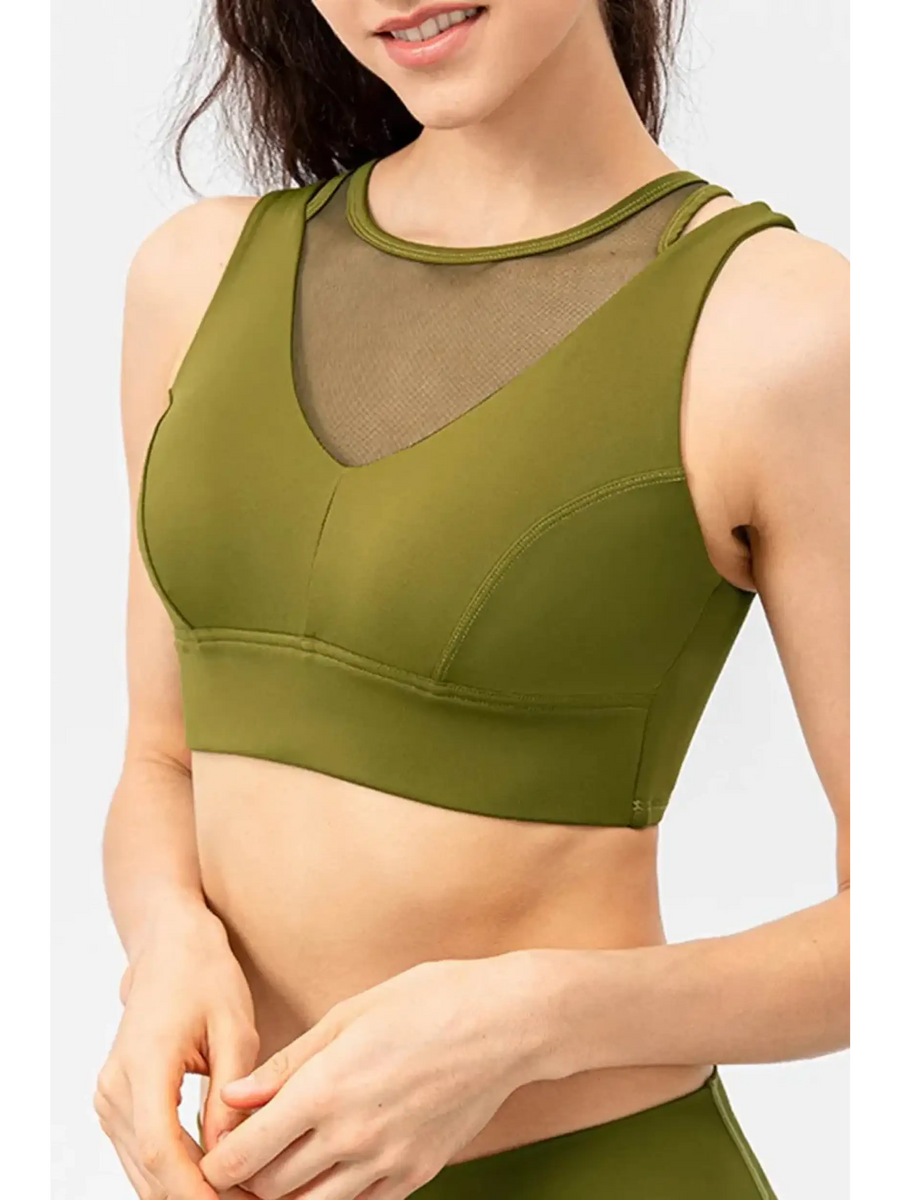 Babe Beachwear chic summer exercise crop top active tank in olive green with mesh detail