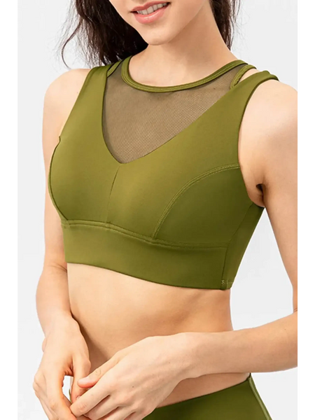Babe Beachwear chic summer exercise crop top active tank in olive green with mesh detail