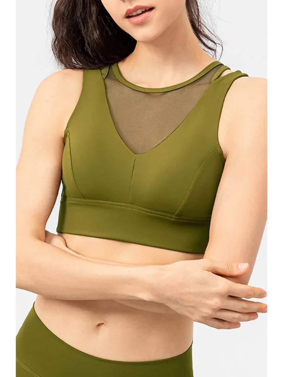 Babe Beachwear olive green active tank chic summer exercise crop top with mesh neckline