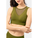 Babe Beachwear olive green active tank chic summer exercise crop top with mesh neckline