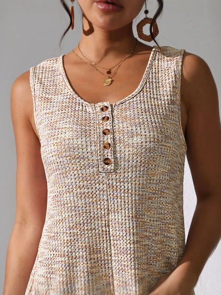 Babe Beachwear sleeveless knit romper with button detail in beige chic summer leisurewear romper