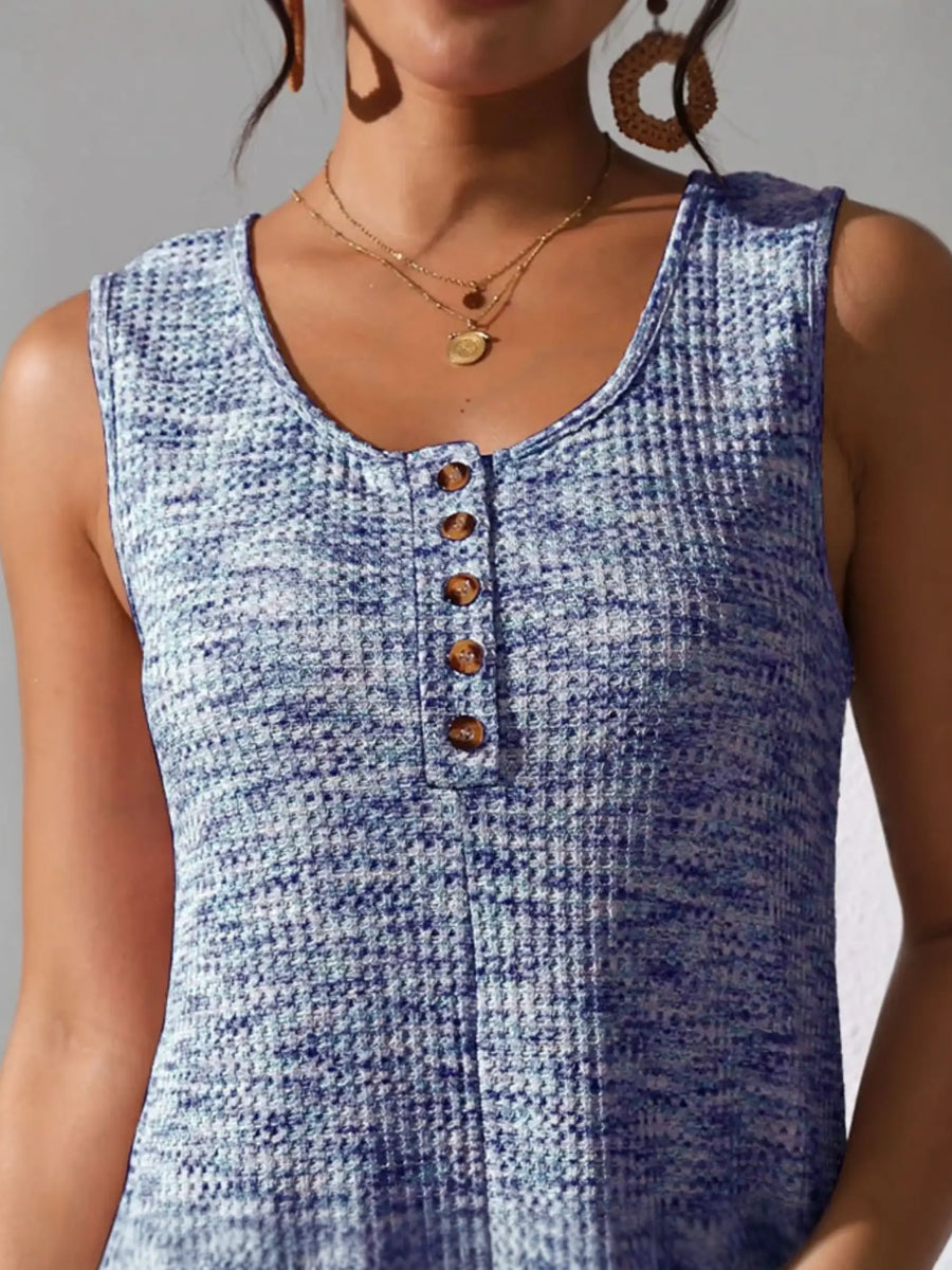 Babe Beachwear chic summer leisurewear romper sleeveless blue textured fabric with button detail