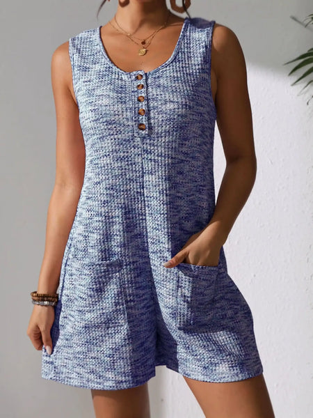 Babe Beachwear chic summer leisurewear romper in blue textured fabric with front buttons and pockets