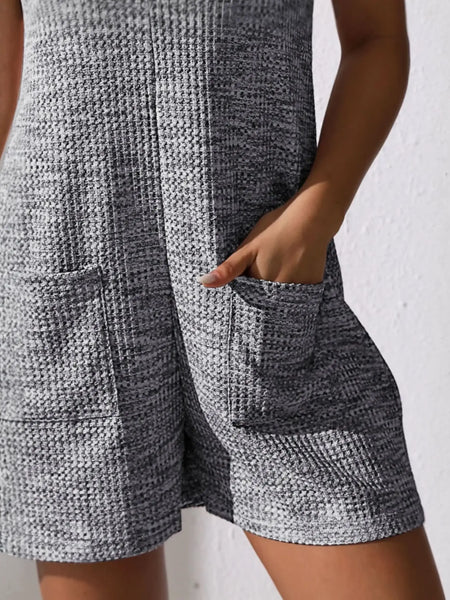 Gray textured chic summer leisurewear romper with front pockets by Babe Beachwear