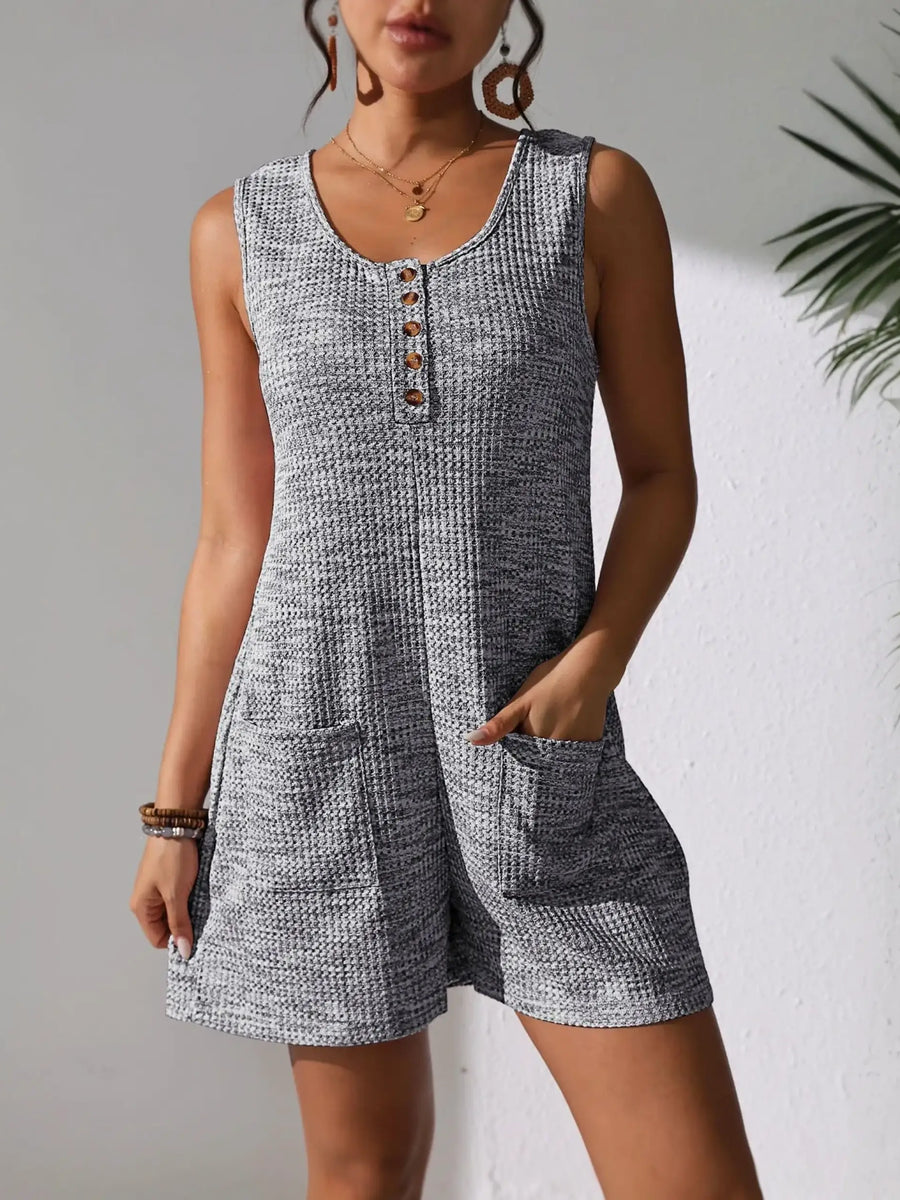 Babe Beachwear gray sleeveless romper with buttons and pockets chic summer leisurewear romper