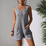 Babe Beachwear gray sleeveless romper with buttons and pockets chic summer leisurewear romper