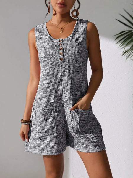 Babe Beachwear gray sleeveless romper with buttons and pockets chic summer leisurewear romper