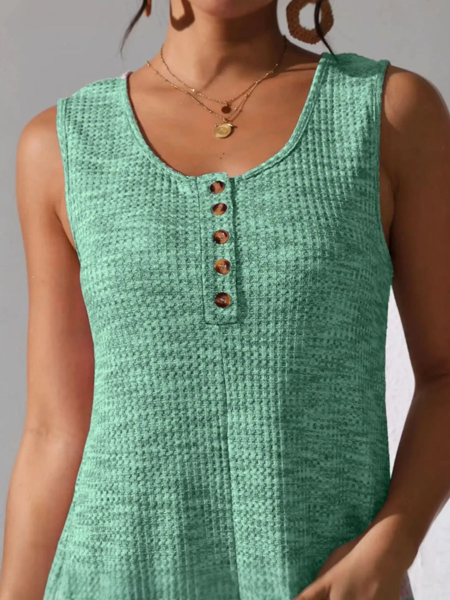 Babe Beachwear sleeveless green textured chic summer leisurewear romper with button details