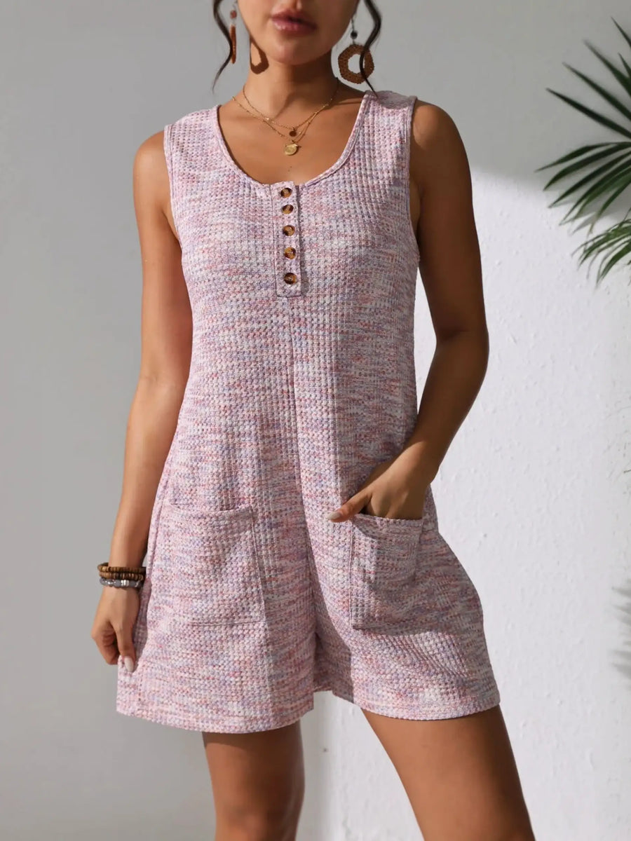 Babe Beachwear chic summer leisurewear romper in pink knit with button details and front pockets