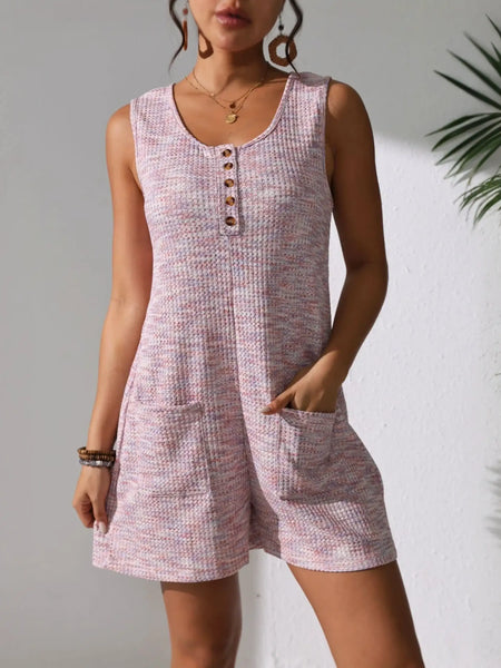 Babe Beachwear chic summer leisurewear romper in pink knit with button details and front pockets