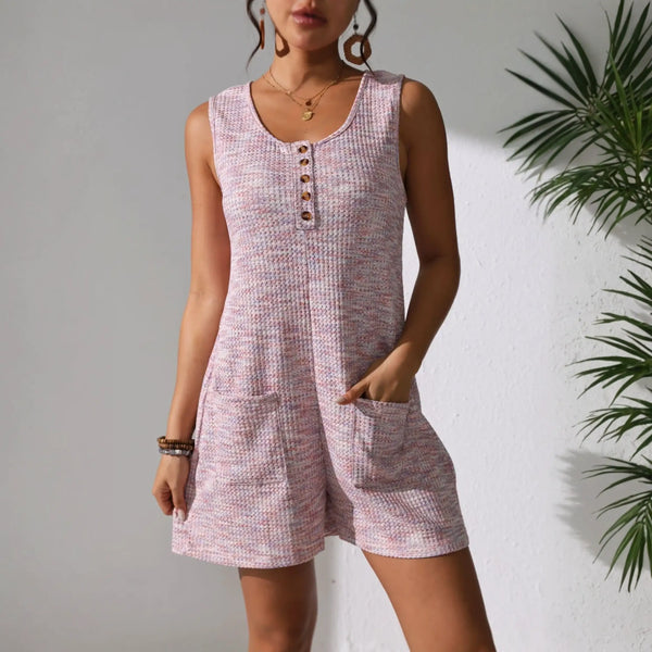 Babe Beachwear chic summer leisurewear romper in pink knit with button details and front pockets