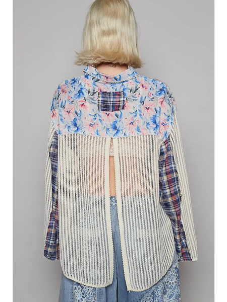 Trendsi chic summer plaid patchwork top long sleeve shirt with floral and knit back design