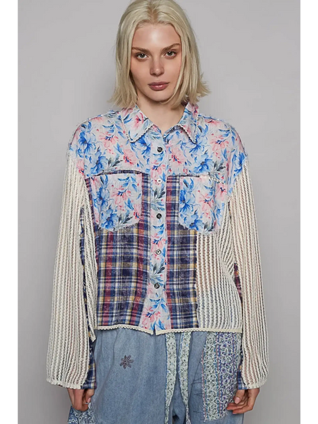 Trendsi chic summer plaid patchwork top with floral and plaid design and long sleeves