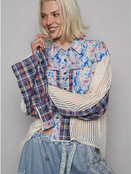 Trendsi chic summer plaid patchwork top long sleeve shirt with mixed floral and plaid patterns