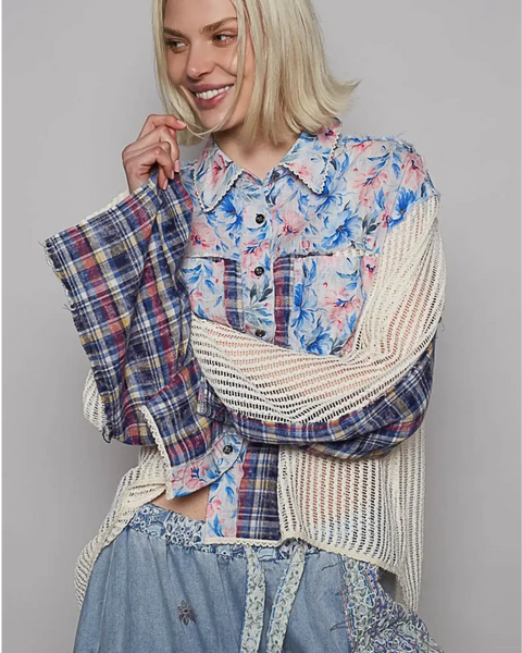 Trendsi chic summer plaid patchwork top long sleeve shirt with mixed floral and plaid patterns