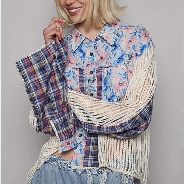 Trendsi chic summer plaid patchwork top long sleeve shirt with mixed floral and plaid patterns