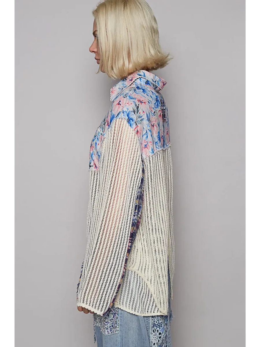 Trendsi chic summer plaid patchwork top long sleeve shirt with floral and knit design