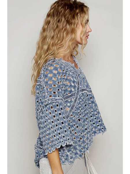 Trendsi long sleeve shirt in blue crochet knit design, a chic summer tops for women