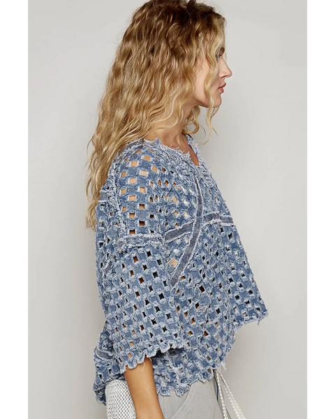 Trendsi long sleeve shirt in blue crochet knit design, a chic summer tops for women