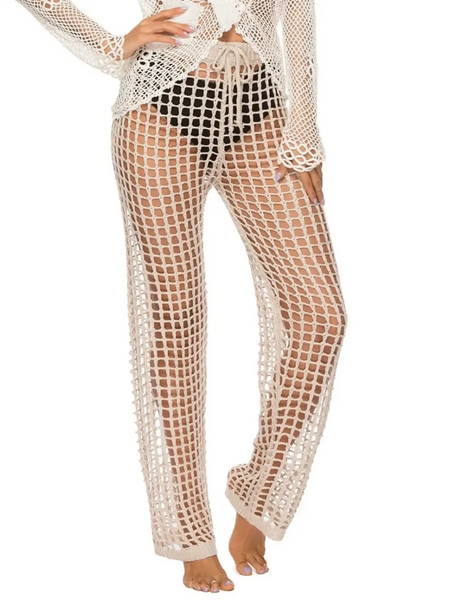 Beach Babes chic swimsuit cover up pants in beige open-knit mesh design over black swim shorts