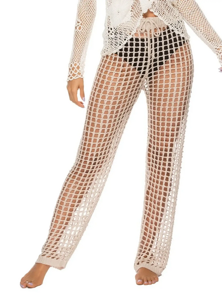 Beach Babes chic swimsuit cover up pants in white mesh design over black swim shorts
