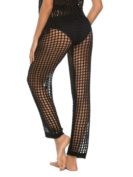 Beach Babes black mesh swim shorts designed as chic swimsuit cover up pants with an open grid pattern