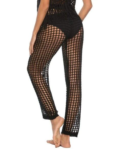 Beach Babes black mesh swim shorts designed as chic swimsuit cover up pants with an open grid pattern