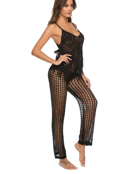 Beach Babes black chic swimsuit cover up pants with crochet design for stylish beachwear