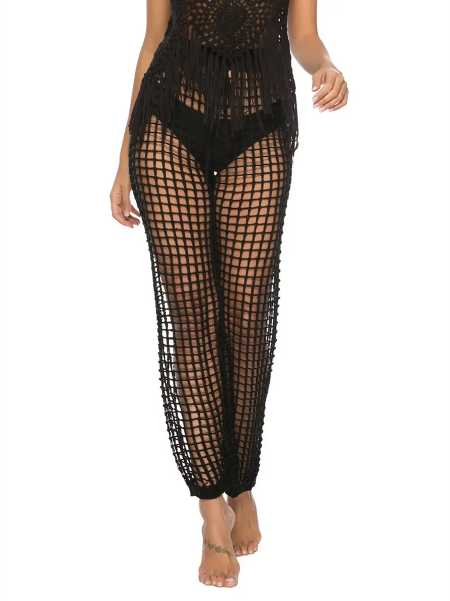 Beach Babes black open-weave chic swimsuit cover up pants perfect for stylish beachwear