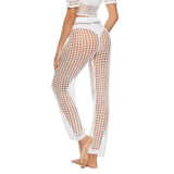 Beach Babes white mesh swim shorts as chic swimsuit cover up pants with a stylish open net design