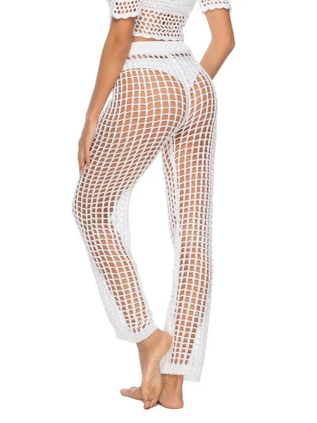 Beach Babes white mesh swim shorts as chic swimsuit cover up pants with a stylish open net design