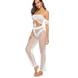 Beach Babes white mesh swim shorts as chic swimsuit cover up pants with off shoulder lace top