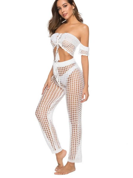 Beach Babes white mesh swim shorts as chic swimsuit cover up pants with off shoulder lace top