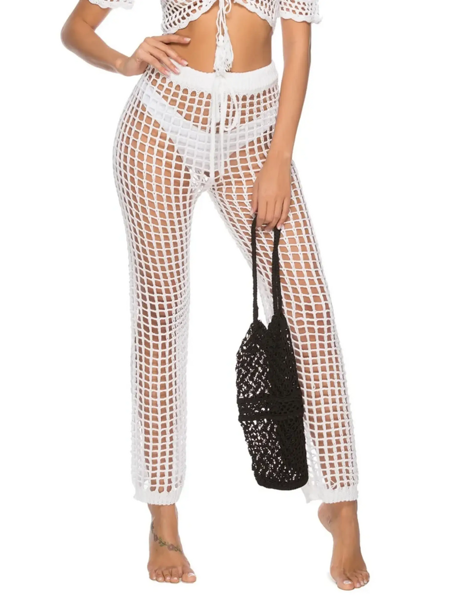 Beach Babes white crochet swim shorts as chic swimsuit cover up pants with drawstring waist