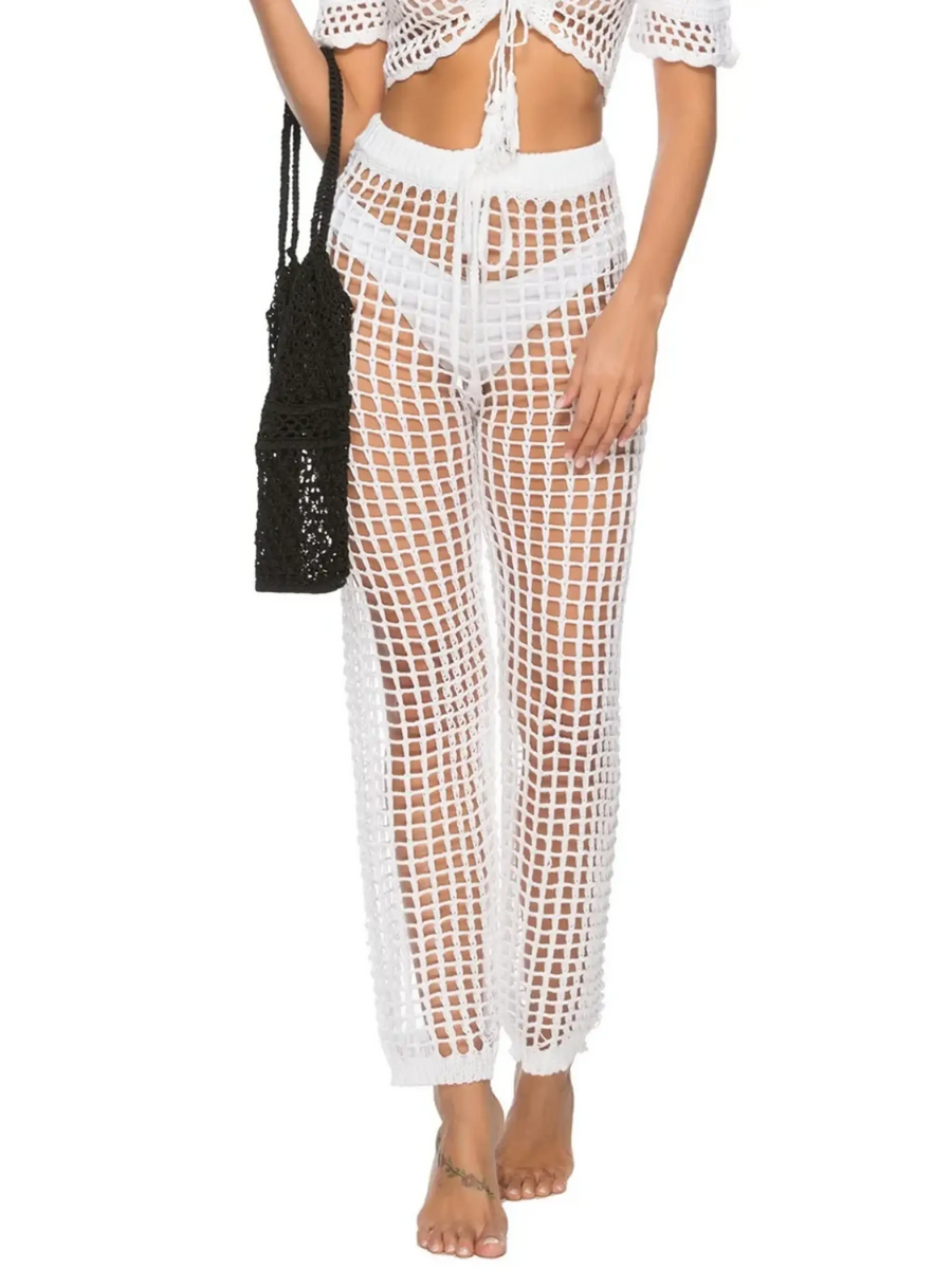 Beach Babes white open net chic swimsuit cover up pants over white swim shorts