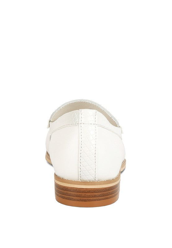 Back view of chic women's horsebit loafers with hardware in white leather by Babe Beachwear