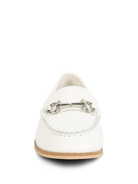 Chic women's horsebit loafers with hardware in white leather from Babe Beachwear front view
